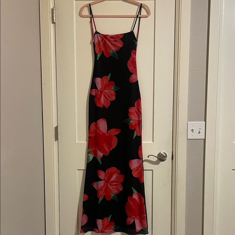 superdown Black Maxi Dress with Red Floral Design
